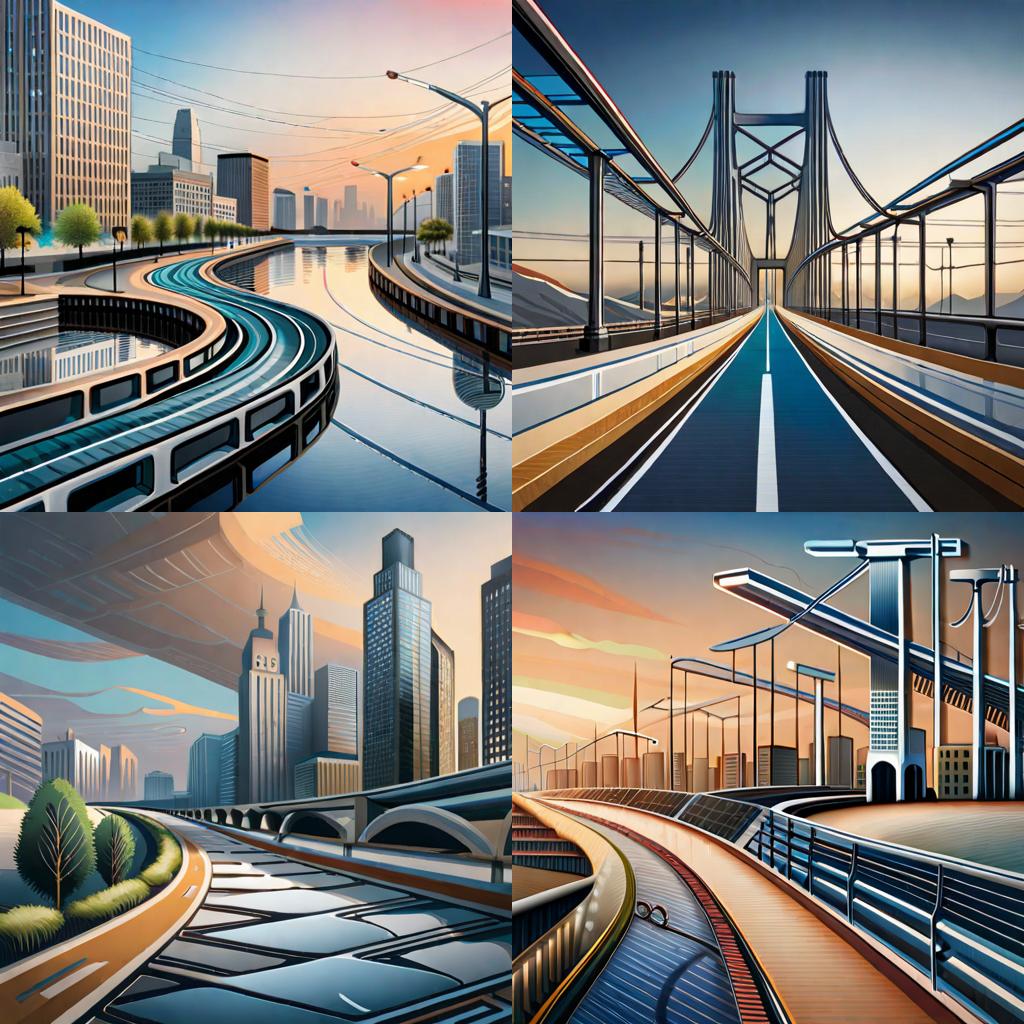 Four different paintings of a city with bridges.