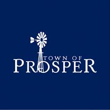 A blue square with the town of prosper written in white.