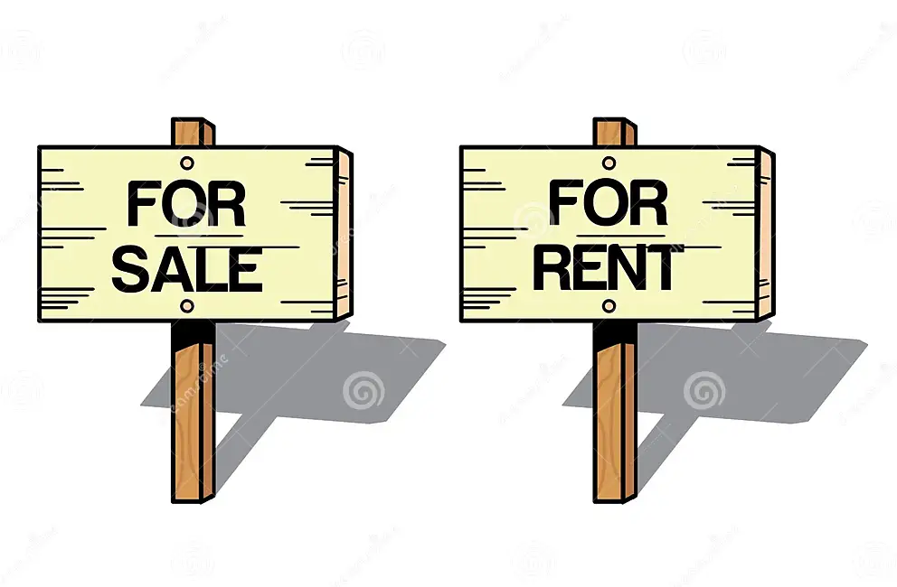 Two wooden signs with the words for sale and rent on them.